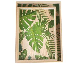 Set of Two Serving Trays Green Leaf Design Print - Green