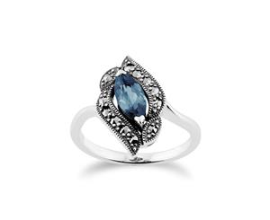 Art Nouveau Style Marquise Blue Topaz & Marcasite Ring in 925 Sterling Silver