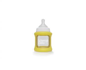 Cherub Baby Glass Single 150ml Bottle with Protective Colour Change Silicone Sleeve - Yellow