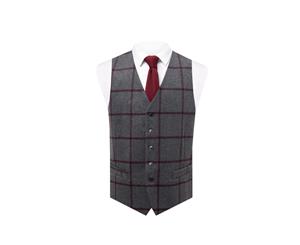 Dobell Mens Grey with Burgundy Windowpane Tweed Vest