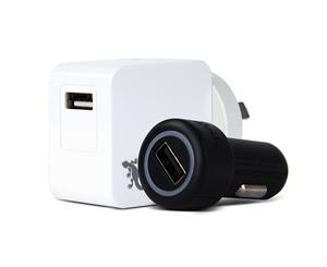 Gecko White AC USB Adapter & Black Car Travel Charger For iPhone/iPad/Smartphone