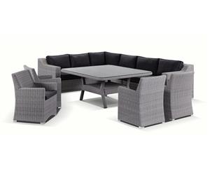 Milano 9 Piece Lounge And Dining Setting - Package F - Outdoor Wicker Lounges - Brushed Grey and Denim cushion