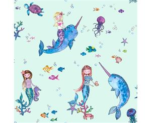 Over the Rainbow Narwhals and Mermaids Wallpaper Light Teal (91011)