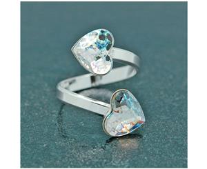 Silver Double Heart Ring White Patina made with Swarovski Crystal