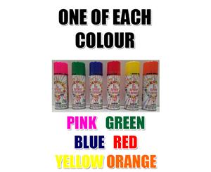 6 X Silly String Cans Red Blue Yellow Green Pink Orange