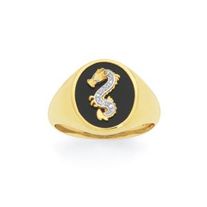 9ct Gold Oval Diamond & Onyx Dragon Signet Ring