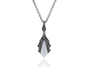 Art Deco Style Mother of Pearl & Marcasite Pendant in 925 Sterling Silver