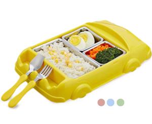 Car Shaped Stainless Steel Divided Dinner Plate and Cutlery Set - Yellow
