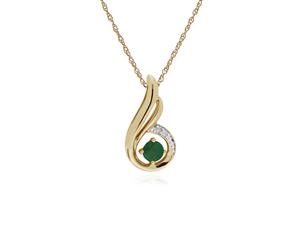 Classic Round Emerald & Diamond Spiral Drop Pendant in 9ct Yellow Gold