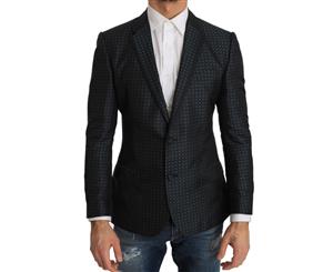 Dolce & Gabbana Blue Pattern Silk Slim Fit Blazer Jacket