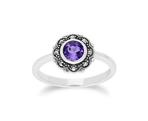 Floral Round Amethyst & Marcasite Halo Ring in 925 Sterling Silver