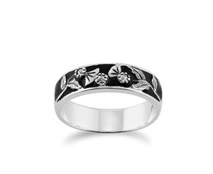 Floral Round Marcasite & Black Enamel Thisstle Band Ring in 925 Sterling Silver