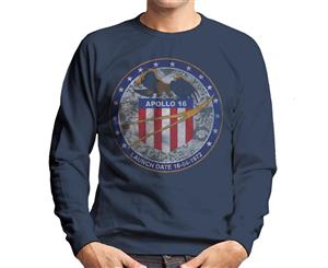 NASA Apollo 16 Mission Badge Distressed Men's Sweatshirt - Navy Blue