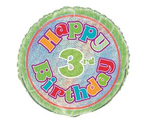 45cm 3rd Birthday Foil Prismatic Balloons Packaged