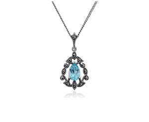 Art Nouveau Style Pear Blue Topaz & Marcasite Pendant in 925 Sterling Silver