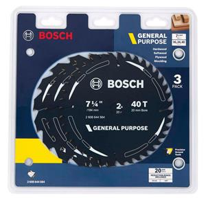 Bosch 184mm 16 20T & 40T TCT Circular Saw Blade Set for Wood Cutting - GENERAL PURPOSE - 3 Piece