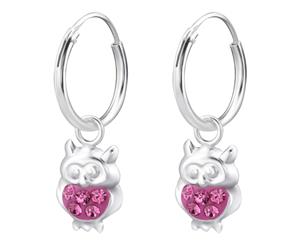 Children's Silver Hanging Owl Rose Crystal Hoop Earrings