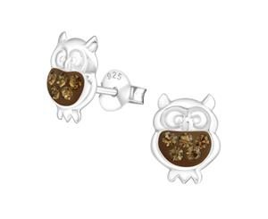 Children's Silver Smoked Topaz Owl Crystal Ear Studs