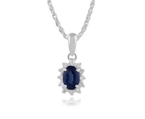 Classic Oval Sapphire & Diamond Cluster Pendant in 9ct White Gold