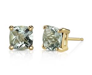 Green Amethyst Earrings 14K Yellow Gold Cushion 6 x 6 mm 1.65 ct NSJE19106