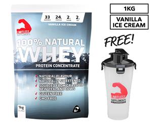 Limitless 100% Natural Whey Protein Concentrate Vanilla Ice Cream 1kg + Bonus Shaker & Samples