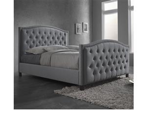 Luxury Queen Size Fabric Bed with Buttons & Studs  Light Grey