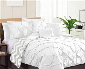 Queen Size Bed Reversible 7 Pieces Pinch Pleat Ruched Comforter Coverlet Bedspread Set Quilt 220x220cm White