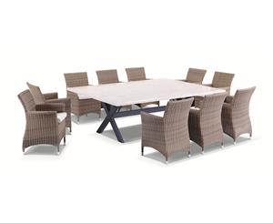 Sicillian 10 Seat Stone Top Table & Wicker Chairs Set In Half Round Wicker - Outdoor Stone Dining Settings - Chestnut Brown/Latte cushion