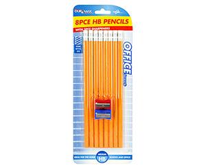8pce HD Pencils with Rubbers on end + 2 x Sharpeners.