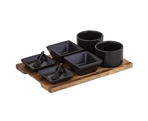 9pc Fine Foods Tasting Set Kitchen Bowls Spoons Dish w Acacia Tray Board Black