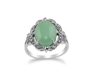 Art Nouveau Style Oval Green Jade Cabochon & Marcasite Statement Ring in 925 Sterling Silver