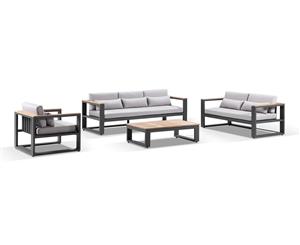 Balmoral 3+2+1 Seater Outdoor Aluminium And Teak Lounge Setting - Outdoor Aluminium Lounges - Charcoal with Textured Grey