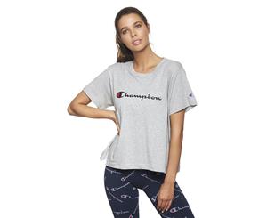 Champion Women's Script Logo Cropped Tee / T-Shirt / Tshirt - Oxford Heather