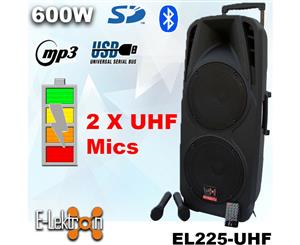 E-Lektron EL225-UHF Dual 10 inch Mobile PA Sound System Bluetooth Recoding Battery MP3 USB SD incl. 2 UHF Wireless Microphone 600W Sound System