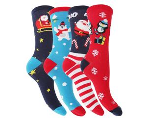 Floso Womens/Ladies Christmas Character Design Novelty Socks (4 Pairs) (Navy/Red/Blue) - W495