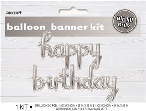 Happy Birthday Silver Balloon Banner With Ribbon