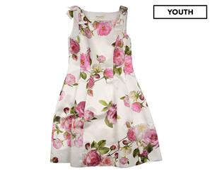 Monnalisa Chic Girls' Satin Floral Dress - White