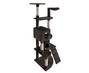 Multi Level Cat Tree Unit - Kitten Scratching Pole Furniture - Climbing Pole House with Hanging Mouse and Rope - Dark Grey