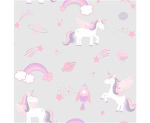 Over the Rainbow Unicorns Rockets and Rainbows Wallpaper Grey (90960)