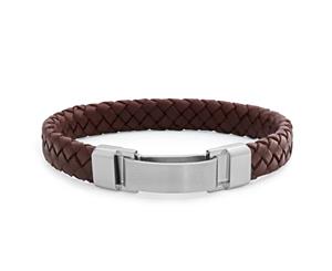 Stainless Steel and Brown Leather Gents Bracelet 21.5cm