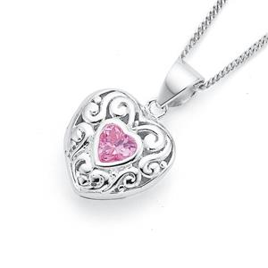 Sterling Silver Pink Cubic Zirconia Filigree Heart Locket