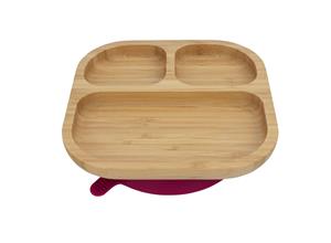 Tiny Dining Children's Bamboo Dinner Feeding Plate with Stay Put Suction - Segmented - Red