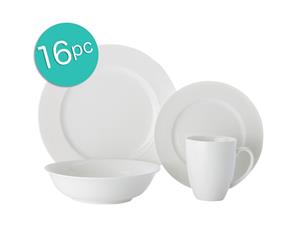 16pc Casa Domani Casual White Evolve Rim Coupe Mugs Bowls Dinner Side Plates Set