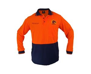 Brisbane Broncos NRL LONG Sleeve HI VIS Polo Work Shirt Orange Navy