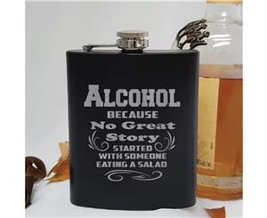 Novelty Engraved Black Hip Flask - Great Story