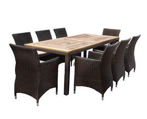 Sahara 8 Seater Rectangle Teak Top Dining Table With Chairs In Half Round Wicker - Outdoor Wicker Dining Settings - Brushed Wheat Cream cushion