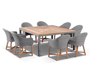 Sahara 8 Square With Coastal Chairs In Half Round Wicker - Outdoor Wicker Dining Settings - Brushed Grey and Denim cushion