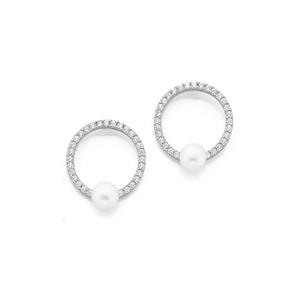 Silver Pearl on Cubic Zirconia Circle Stud Earrings