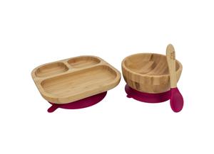 Tiny Dining Children's Bamboo Tableware Feeding Set - Plate Bowl Spoon with Stay Put Suction - Red