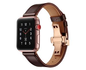 WIWU New Genuine Leather Watch Band Rosegold Metal Butterfly Buckle For Apple Watch 5/4/3/2/1-Darkbrown